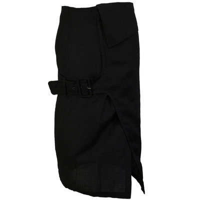 義大利品牌Gigi Pary黑色純亞麻特殊設計皮帶扣長裙 義大利製