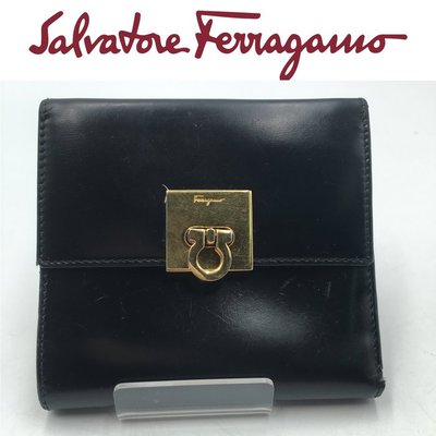 真品 Salvatore Ferragamo 費洛加蒙 馬蹄釦 黑色皮夾 短夾零錢袋$388 一元起標 有LV