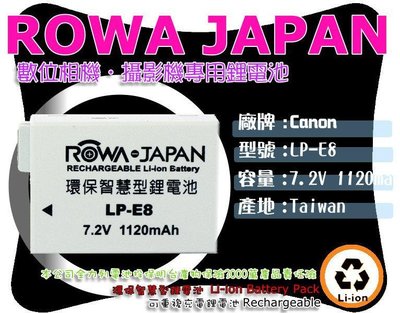 數位小兔【ROWA JAPAN Canon LP-E8 電池】相容原廠 EOS 550D 600D LPE8 鋰電池