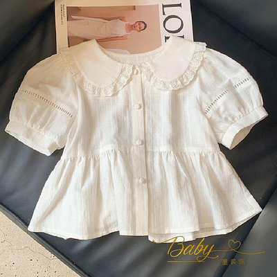 希希❤baby女童襯衫白色2023夏裝新款兒童洋氣韓版時髦純棉中大童短袖上衣夏满599免運