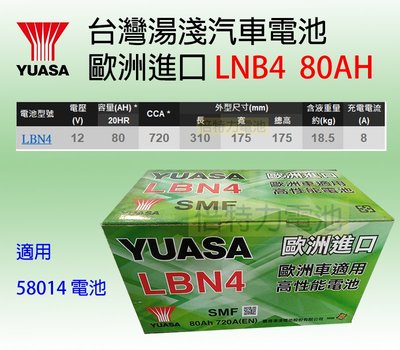 湯淺 YUASA LBN4 (58014適用) 歐規 12V 80Ah 免保養電池