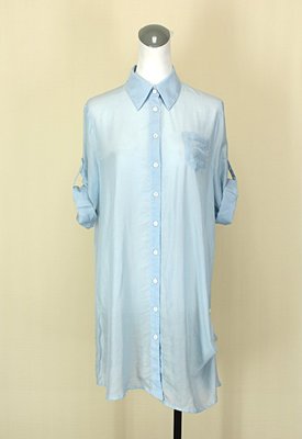 貞新二手衣 MOMA 專櫃 水藍V領長袖天絲棉棉質質洋裝M號(34825)