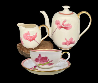 日本香蘭社咖啡杯 紅茶杯 粉色花卉咖啡杯 粉釉 茶壺 奶壺
