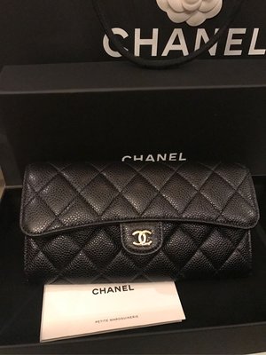 全新現貨-Chanel黑色 信封式 荔枝牛皮長夾 發財包 有保卡（保卡開頭22）