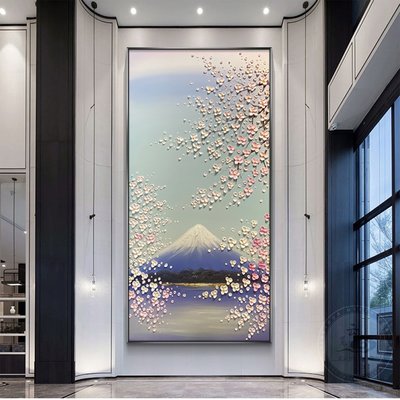 現貨熱銷-富士山櫻花手繪風景輕奢簡約現代油畫客廳沙發玄關裝飾畫高端掛畫
