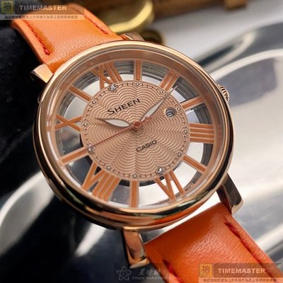 CASIO手錶,編號CA00006,34mm玫瑰金圓形精鋼錶殼,玫瑰金色鏤空, 中三針顯示錶面,橘真皮皮革錶帶款