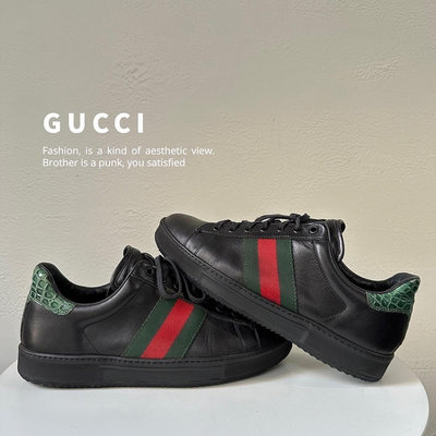 [二手] GUCCI古馳 ACE 條紋織帶 低幫 時尚板鞋 男款 黑 EU40.5  Z1418