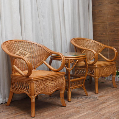 戶外家具庭院藤夫單人扶手藤椅子茶幾三件套休閑桌椅組合印尼騰椅靠背編織套件