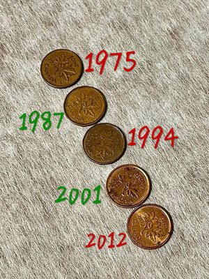 絕版硬幣加拿大1975年1987年一分1分硬幣各一枚（一枚99元） 另有1994（60元） 2001 2012各一枚