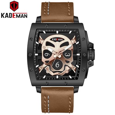 【潮裡潮氣】KADEMAN卡德曼潮流男士骷髏頭獨特設計方形大錶盤防水石英手錶KD408