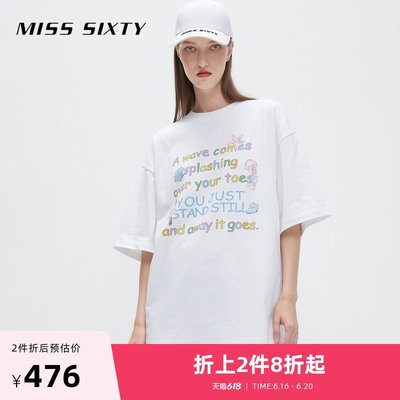 【廠家現貨直發】【折上2件83】Miss Sixty2022夏季新款短袖T恤女珠片印花寬松中長