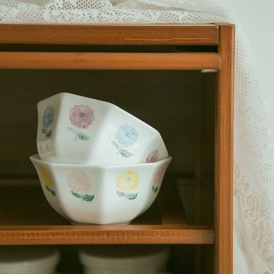 日式小清新花朵八角碗  米飯碗 小湯碗 白色 粉色 紫色 藍色 八角碗 清倉特賣 特價【小雜貨】