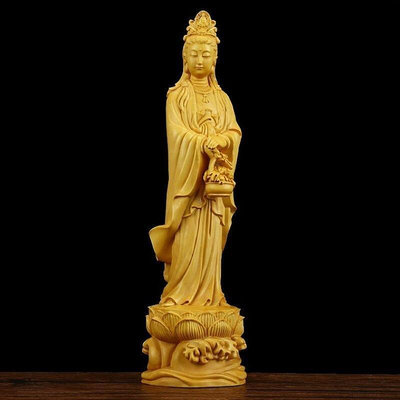 黃楊木雕提籃觀音佛像擺件 家用供奉觀世音菩薩像實木裝飾工藝品