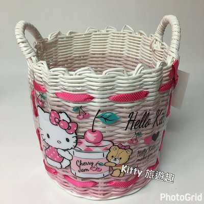 [Kitty 旅遊趣] Hello Kitty 編織置物籃 提籃 凱蒂貓 玩具收納籃 圓筒形置物籃