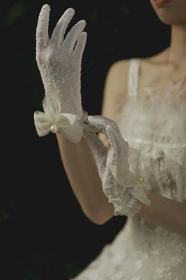 新娘結婚短款蕾絲絹紗網紗蝴蝶結手套春夏季婚紗婚禮手套配飾韓式