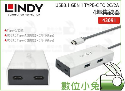數位小兔【LINDY USB3.1 GEN 1 TYPE-C TO 2C/2A 4埠集線器 林帝】集線器 Type-C