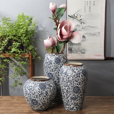景德鎮陶瓷 三件套干花花器陶瓷花瓶家居裝飾品擺件 青花瓷纏枝蓮