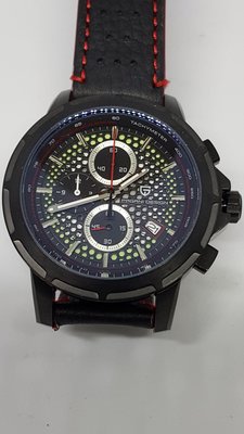 【成吉思汗精品】全新帕加尼錶PAGANI帶日期黑框皮錶帶