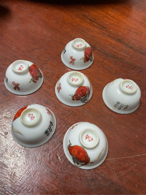 阿公的舊情人 早期 九谷 日本 老茶杯 達摩 彌勒佛 紅色 完整6個合售 #2