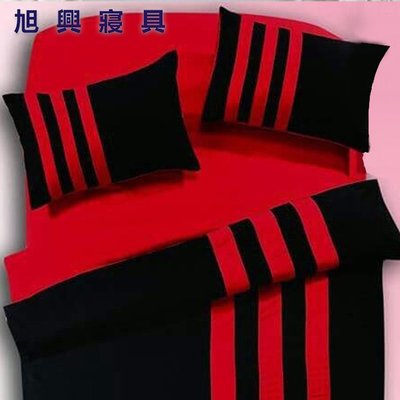 【旭興寢具】天絲絨 三條線運動風 雙人5x6.2尺 薄床包薄被套四件式組-黑紅