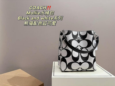 小Z代購#COACH Mollie水桶包 Black and white系列單肩包 手提包 側背包