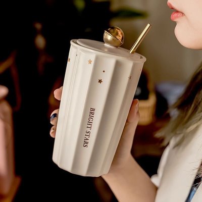 韓版星空馬克杯雙層陶瓷杯子帶蓋吸管大容量杯子高檔水杯咖啡杯爆款