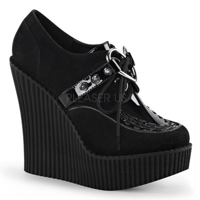Shoes InStyle《五吋》美國品牌 DEMONIA 原廠正品英式龐克歌德蘿莉鉚釘麂皮心型厚底楔型鞋 出清『黑色』