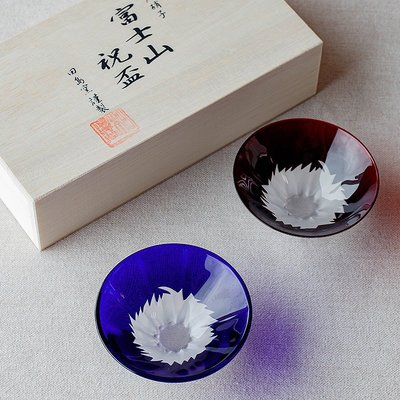 日本田島硝子紅藍富士山祝盃玻璃對杯小酒杯清酒杯冷茶杯木盒裝滿額免運