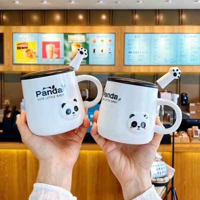 可愛熊貓馬克杯帶蓋帶勺子陶瓷杯子兒童家用喝水杯情侶辦公室茶杯~優優精品店