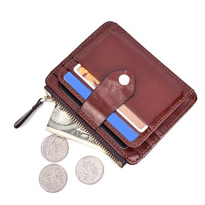 卡片零錢包卡片零錢包扣子美金包油臘皮拉鏈防磁RFID創意錢包可放鑰匙