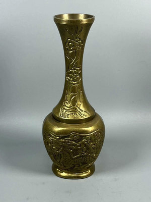 【店主收藏】銅器銅花瓶，老銅花瓶，浮紋銅花瓶，銅插花藝術擺件，重466克-23142