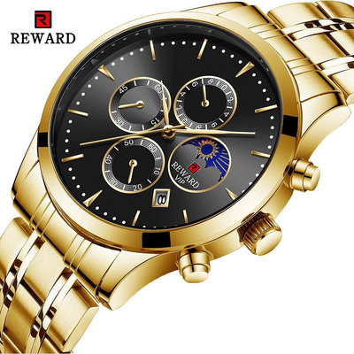 Reward 頂級奢侈品牌時尚男士手錶金色不銹鋼石英手錶休閒男防水運動手錶