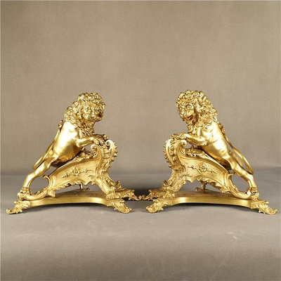 【二手】19世紀法國銅鎏金獅王壁爐擋，金光閃耀的鎏金雄獅口長嘯973【古玩天下】銅器 佛像 擺件