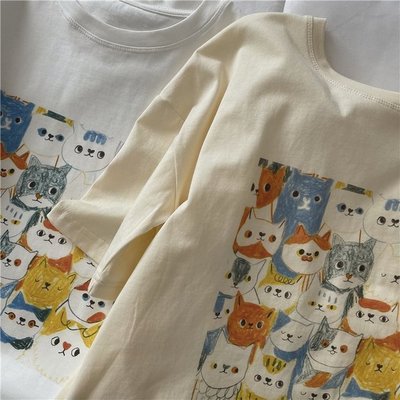 ☆ANGELA HOUSE☆韓單 時尚減齡卡通貓咪手繪塗鴉純棉T恤 ✅商品追加