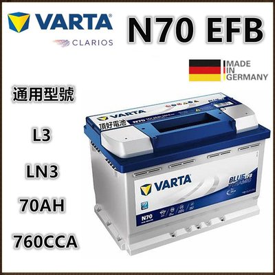 頂好電池-台中 德國 VARTA N70 EFB 免保養汽車電池 怠速啟停系統 柴油車款 L3 LN3 VW BENZ