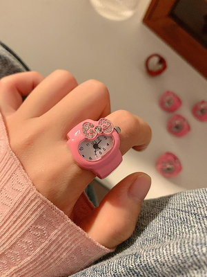 可愛蝴蝶結水鉆時鐘手表戒指女小眾設計感2023新款時尚百搭戒指表
