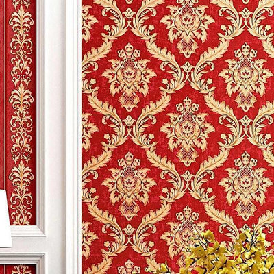 3D立體歐式大馬士革壁紙防水大紅色溫馨臥室客廳工程電視背景墻紙