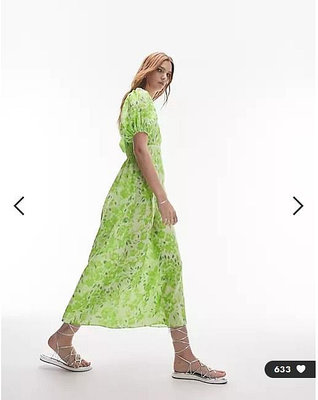 (嫻嫻屋) 英國ASOS-Topshop綠色花卉印花方領泡泡袖中長裙洋裝AB24
