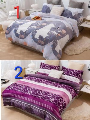 法蘭絨鋪棉5×6.2尺（150×186）床包一件（床高可包到35公分）枕頭套×2件6×7（180cm×210cm）功能兩用被套一件
