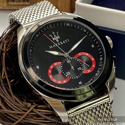 MASERATI手錶,編號R8873612005,46mm銀圓形精鋼錶殼,黑色三眼, 運動錶面,銀色米蘭錶帶款