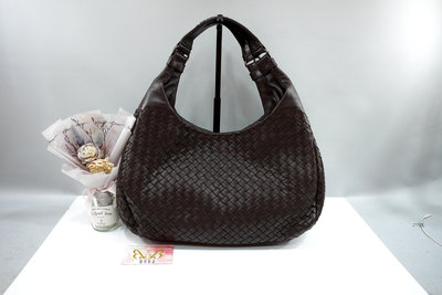 優買二手精品名牌店 BOTTEGA VENETA BV 125787 咖啡色羊皮編織 肩背包購物包手提包牛角包 美品