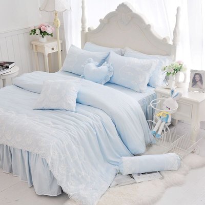 天絲床罩 標準雙人床罩 公主風床罩 綻放 藍色 蕾絲床罩 結婚床罩 床裙組 荷葉邊 100%天絲 tencel 佛你