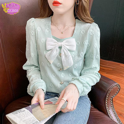 韓國MM =春季 新款設計感印花蝴蝶結拼接方領襯衫別致小眾長袖上衣女士
