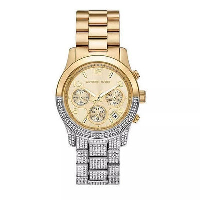 MICHAEL KORS Runway Pave 金色錶盤 金色配銀色不鏽鋼錶帶 石英 三眼計時 女士手錶 MK7329