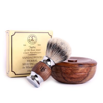 英國 Grand Manner 特級銀尖純獾毛 胡桃木鬍刷 &amp; Taylor 手工木製 檀香刮鬍皂碗 超值組合