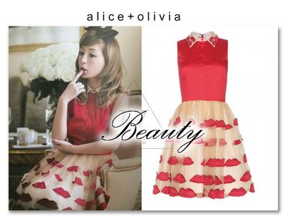 *Beauty*美國 alice + olivia 濱崎步著 紅+奶油米 紗質 紅唇 連身裙 洋裝 附吊牌 WE14