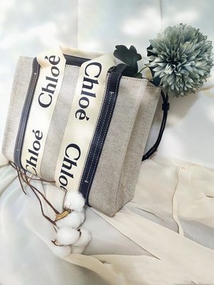 【翰貝格名牌館】全新真品 Chloé 爆款 字母 Woody Tote Bag 小型 深藍色 帆布 揹帶款 托特包 預購