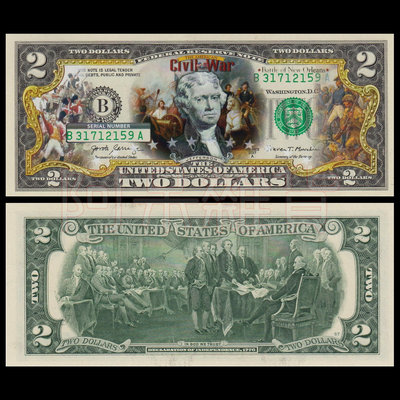 麥擱問阿 彩色版真鈔 美國內戰 新紐奧良之戰 2美元 林肯 南北軍 美金美元 混合塑料 鈔票 美國 非現行流通