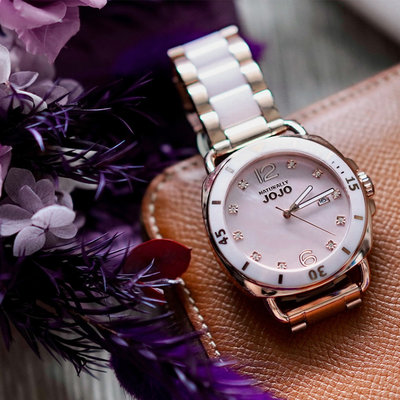 【台南 時代鐘錶 Naturally JOJO】晶鑽時尚 日期顯示 陶瓷錶帶JO96988-10R 粉/玫瑰金38mm