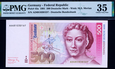 德國 1991年版 500馬克 (植物和生物學家 梅里安) PMG 35 紙幣 紀念鈔 紙鈔【悠然居】1659